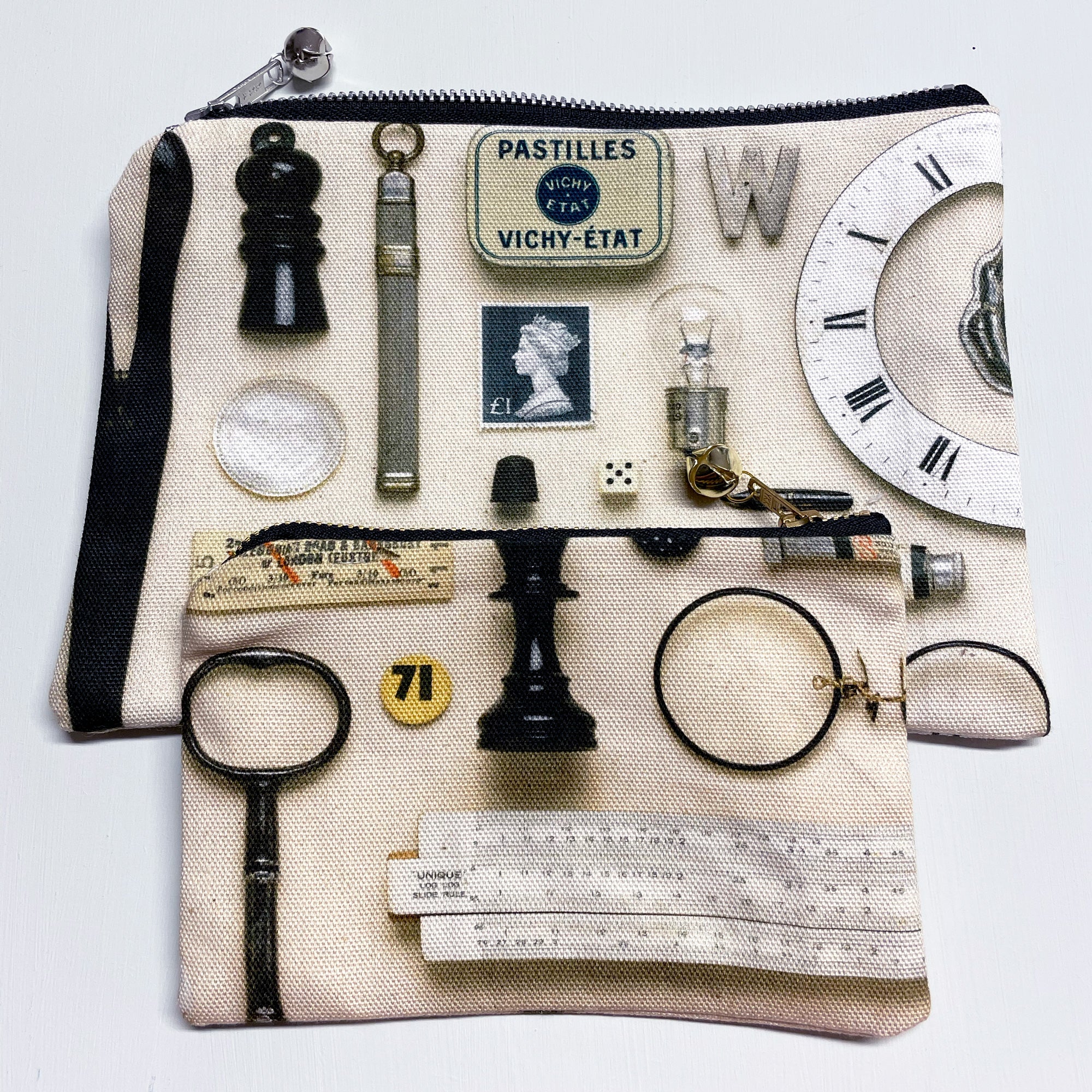 Organic Cotton Black & White Vintage Object Patterned Pouches