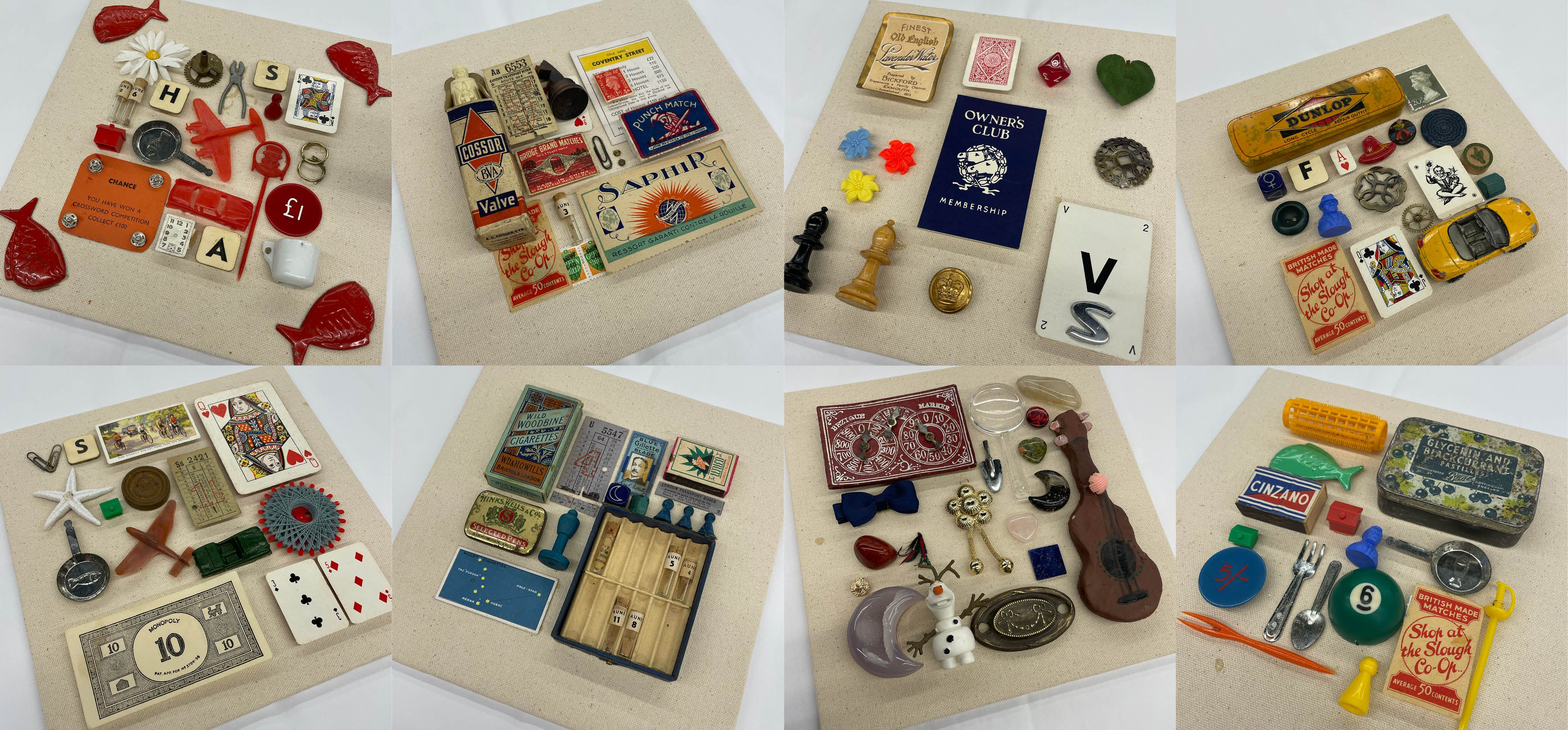 Collage of various small collectible items on beige backgrounds