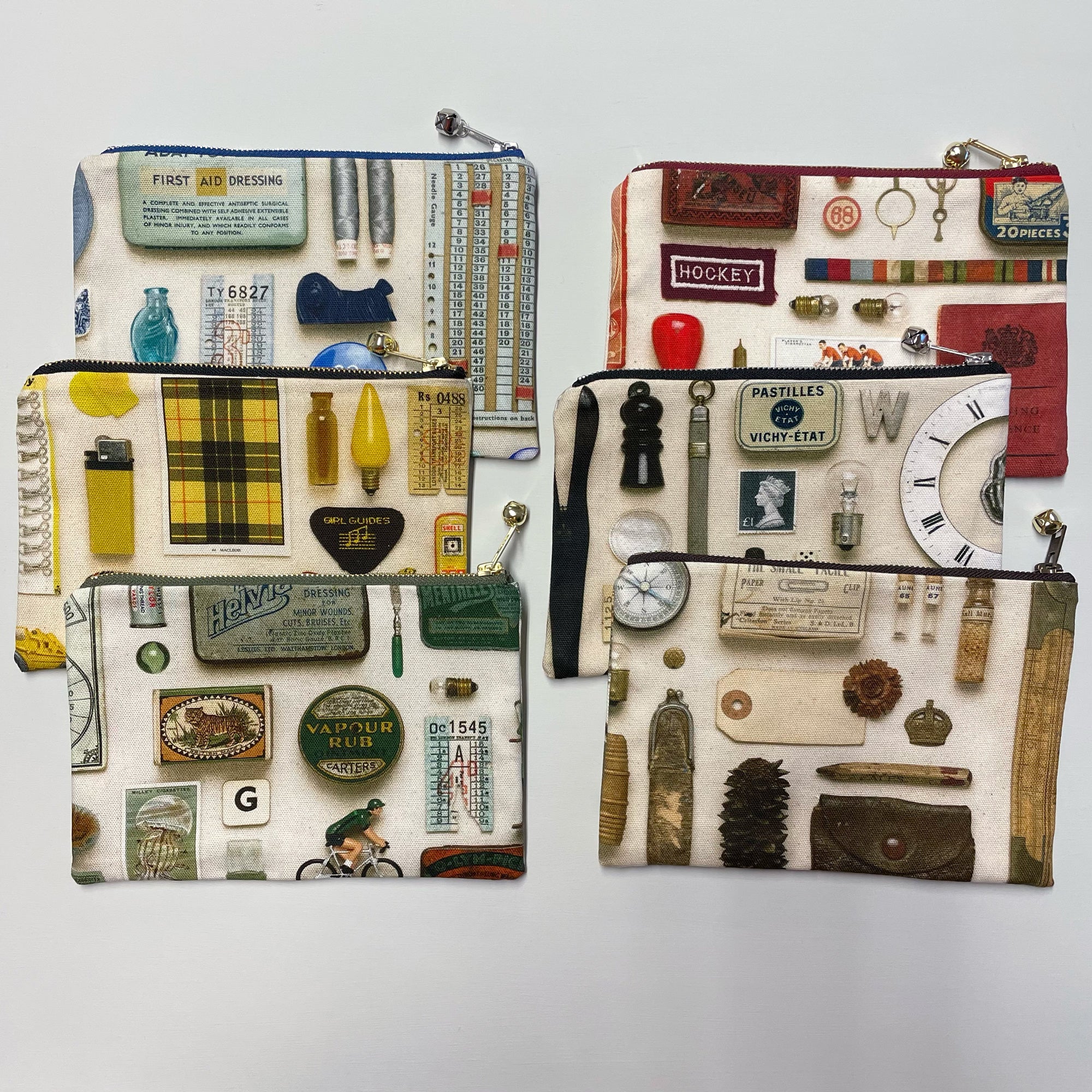 Organic Cotton Yellow Vintage Object Patterned Pouches