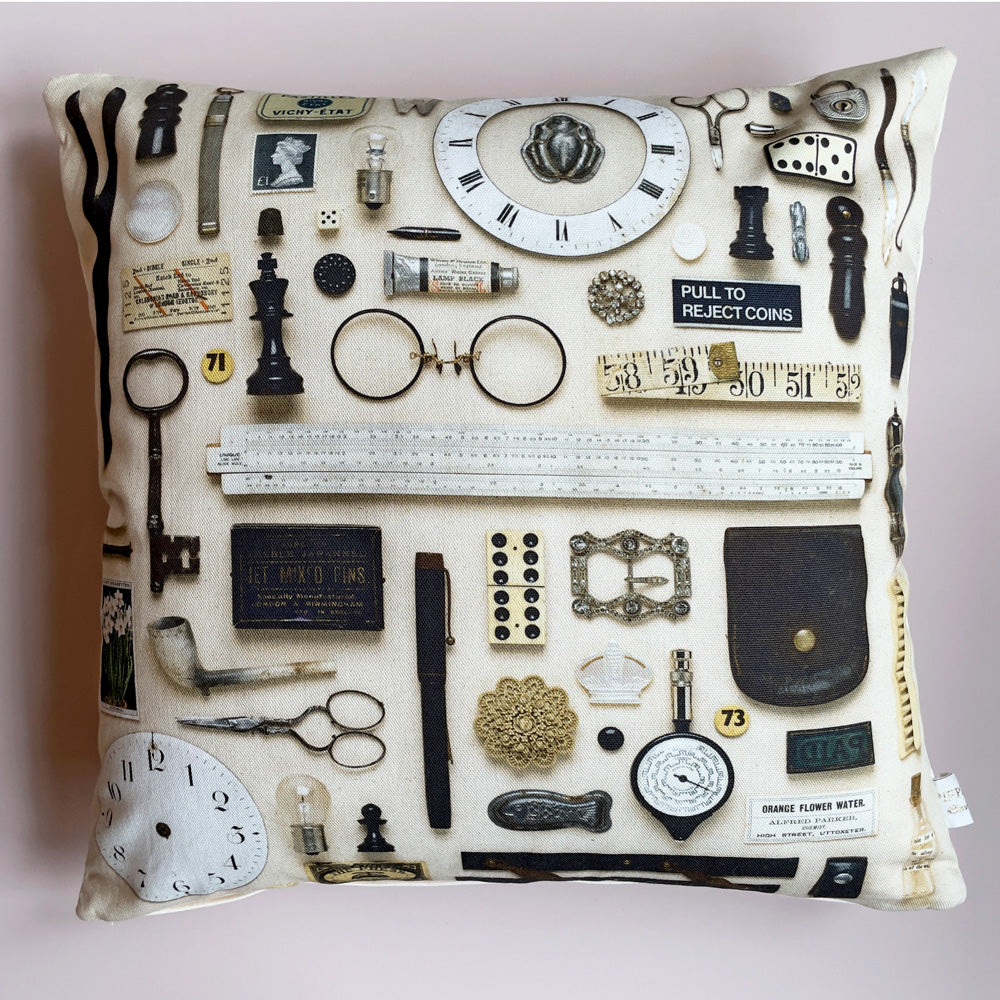 Black & White Vintage Keepsake Patterned Cushion in 100% Organic Cotton