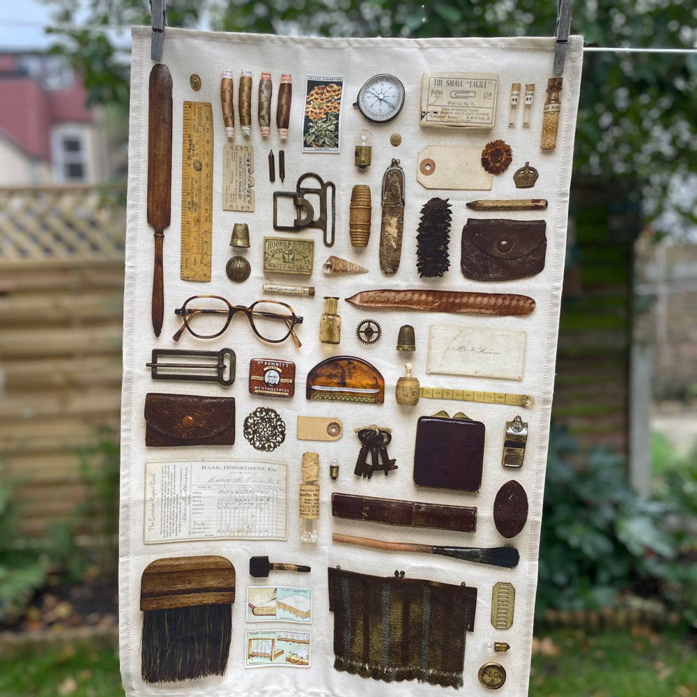 Brown & Gold Vintage Keepsake Patterned Tea Towel in 100% Organic Cotton