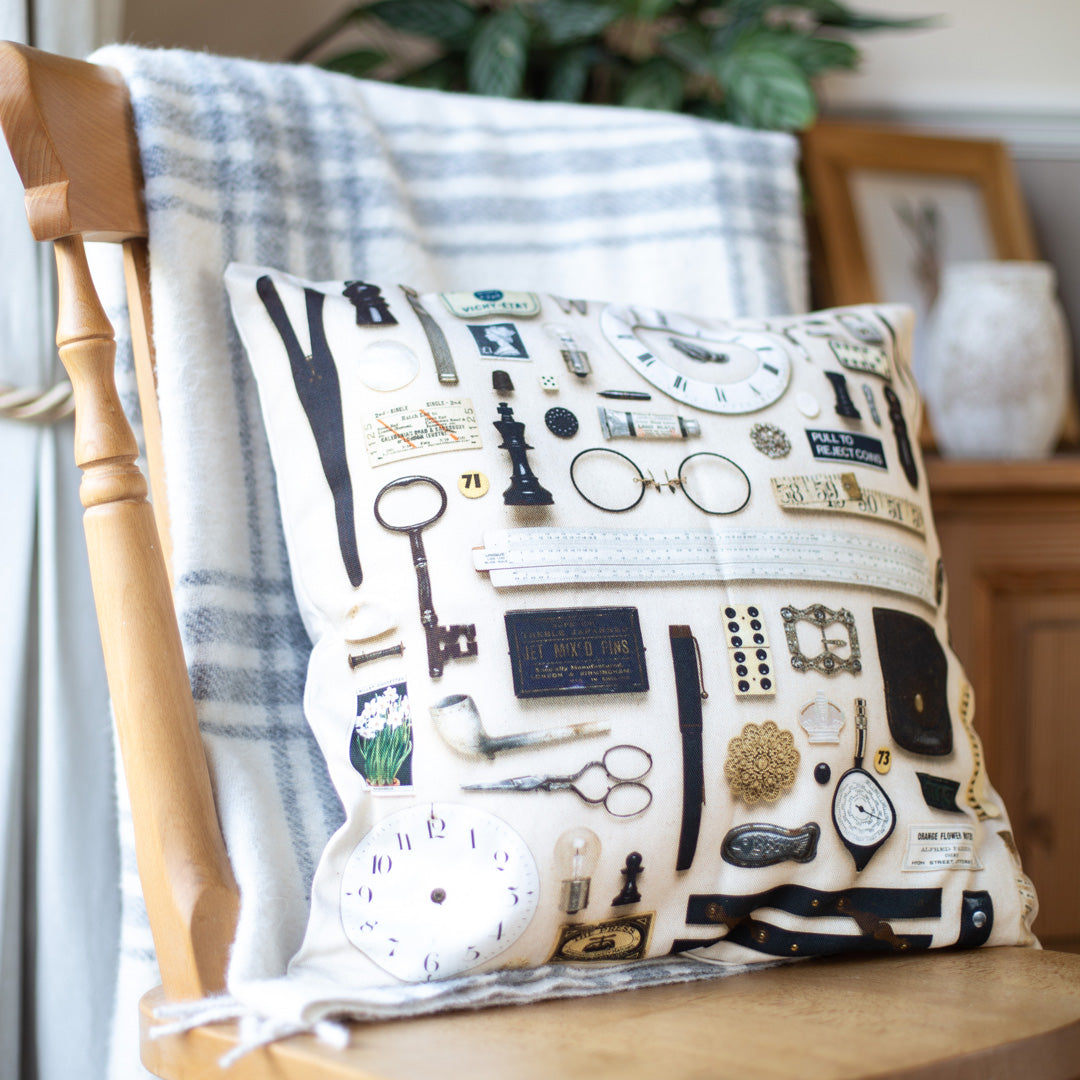 Black & White Vintage Keepsake Patterned Cushion in 100% Organic Cotton