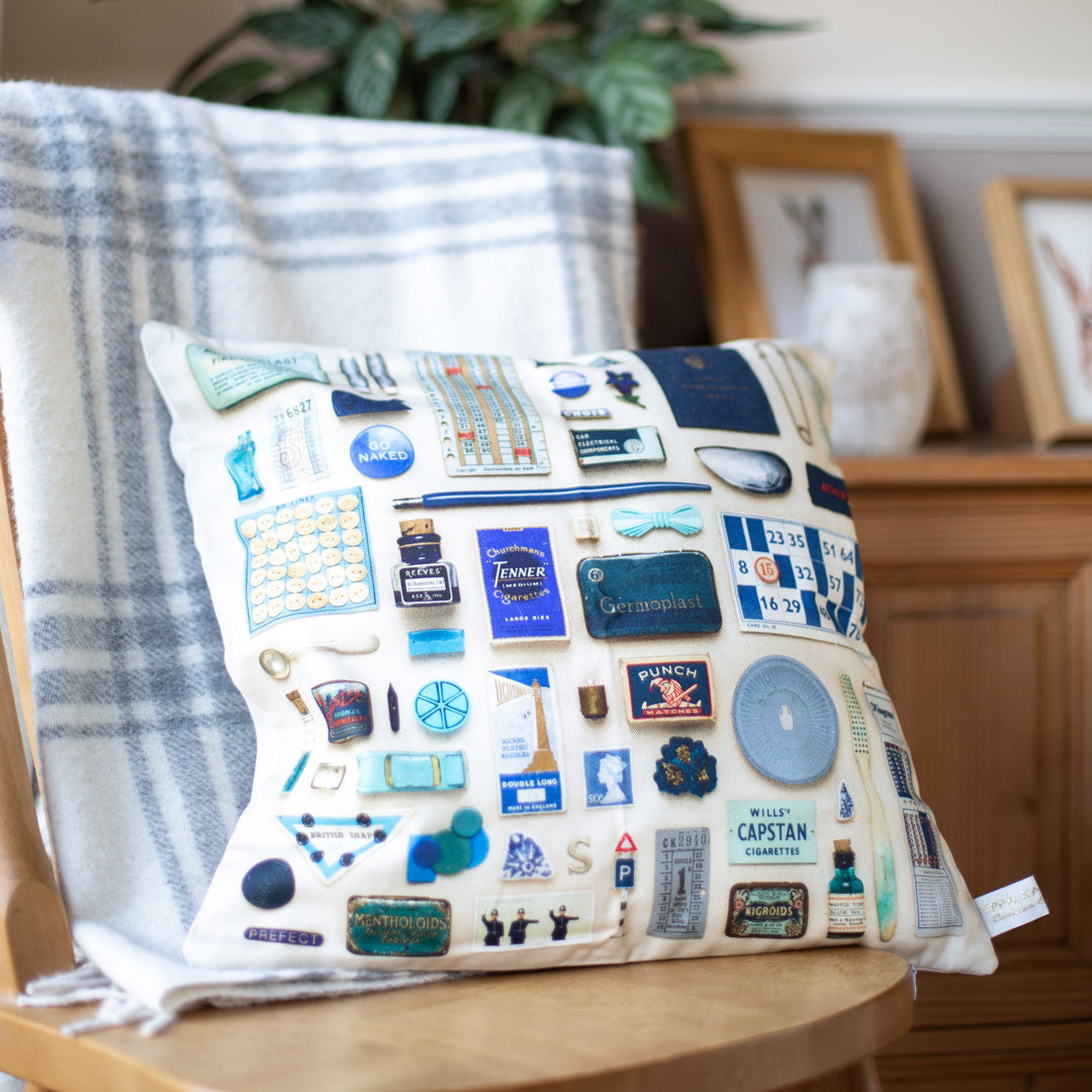 Blue Vintage Keepsake Patterned Cushion in 100% Organic Cotton