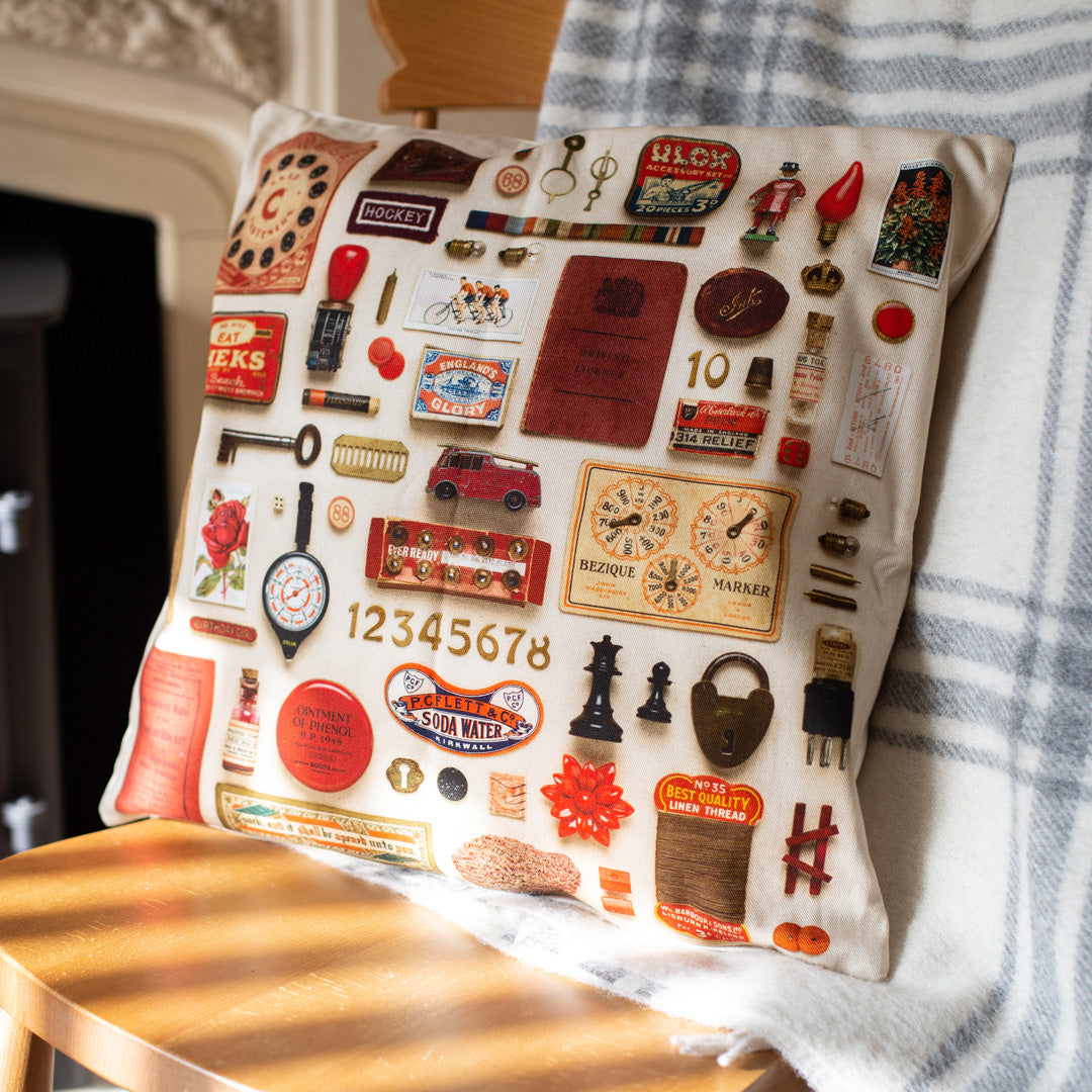 Red & Gold Vintage Keepsake Patterned Cushion in 100% Organic Cotton