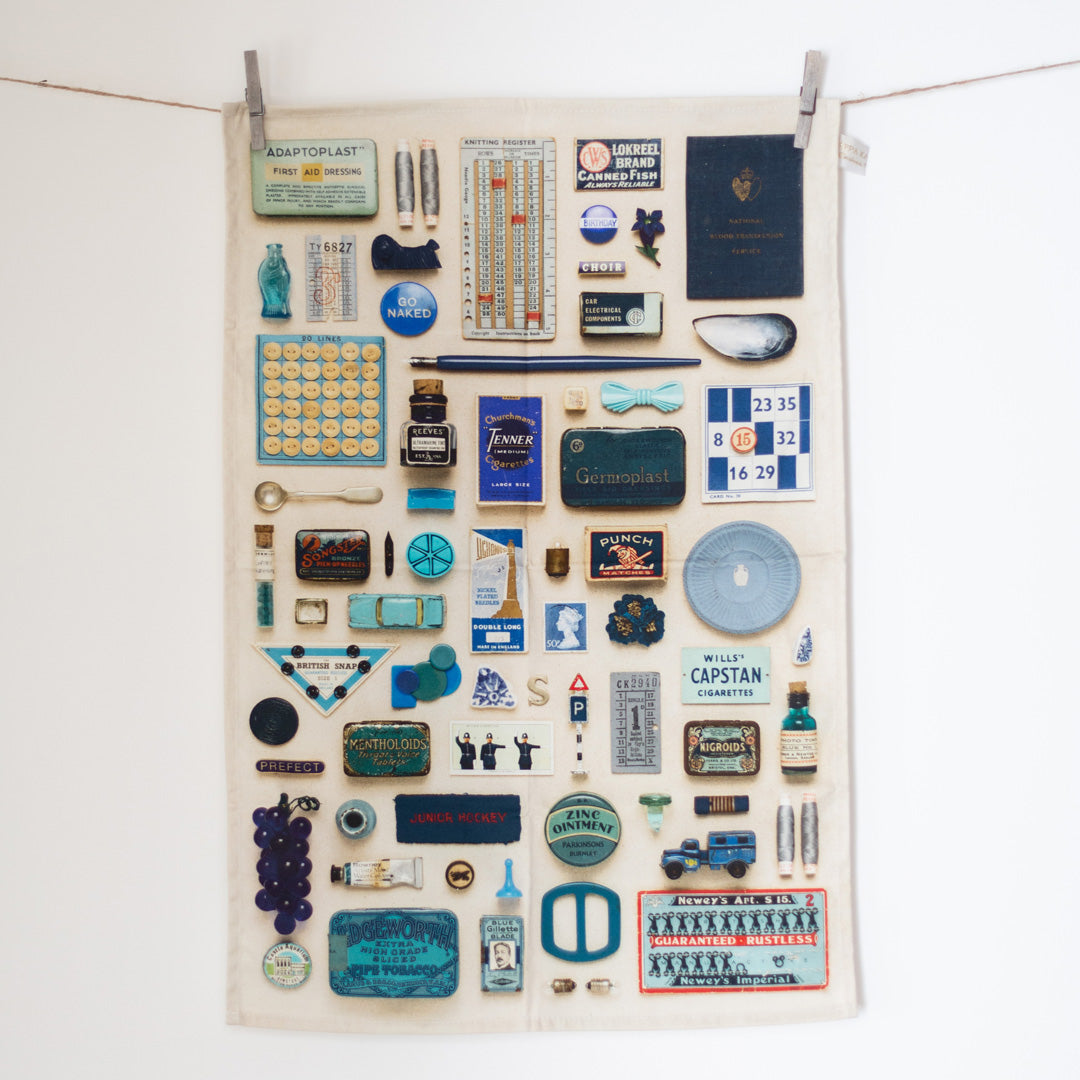 Blue Vintage Keepsake Patterned Tea Towel in 100% Organic Cotton