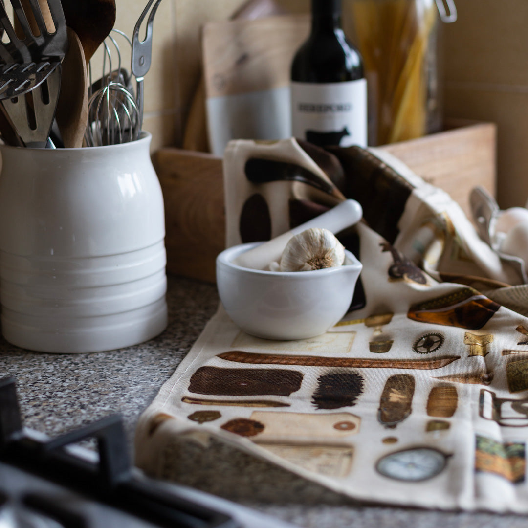 Brown & Gold Vintage Keepsake Patterned Tea Towel in 100% Organic Cotton
