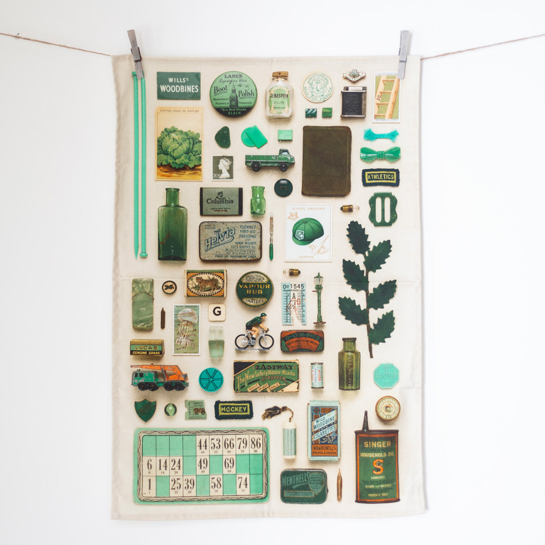 Green Vintage Keepsake Patterned Tea Towel in 100% Organic Cotton