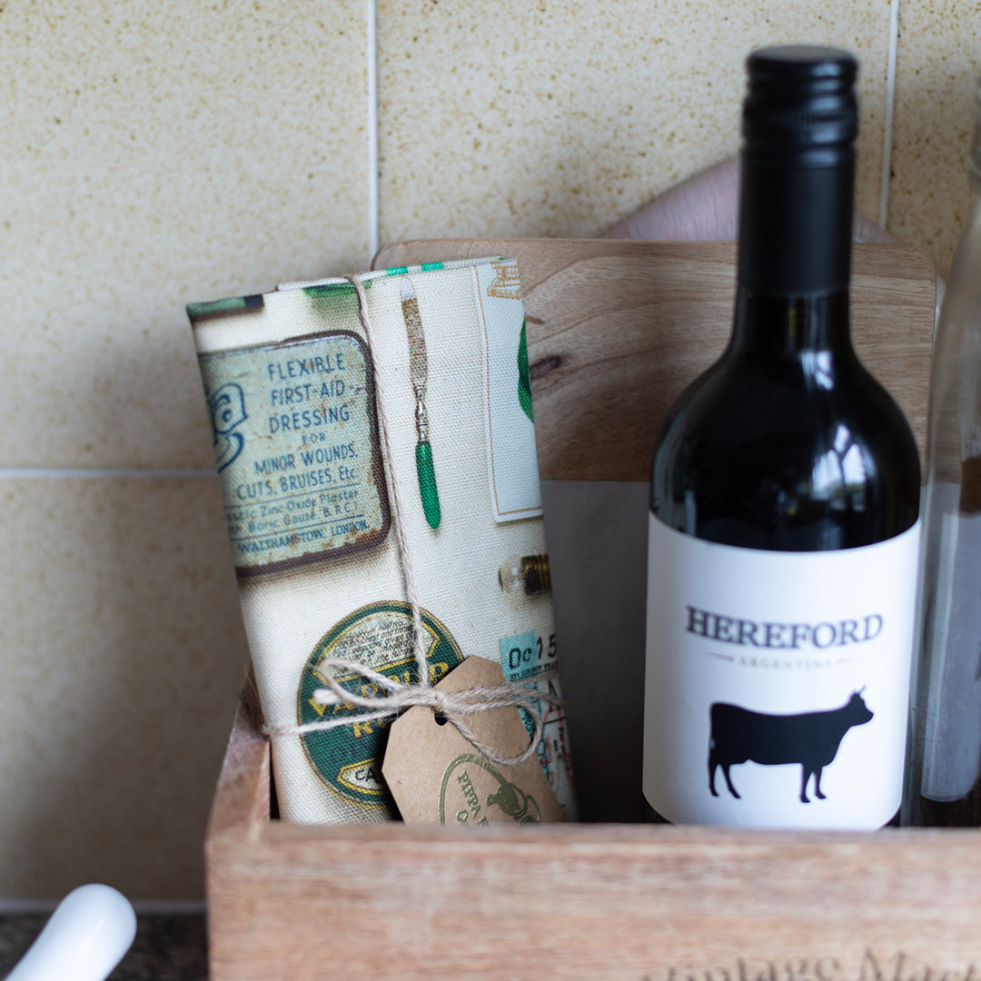 Green Vintage Keepsake Patterned Tea Towel in 100% Organic Cotton