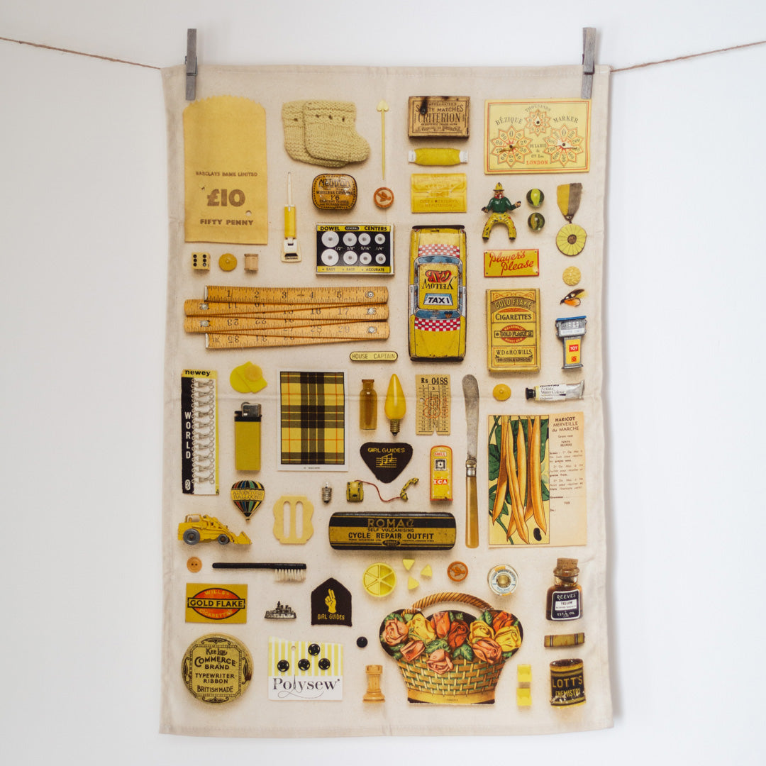 Yellow Vintage Keepsake Patterned Tea Towel in 100% Organic Cotton