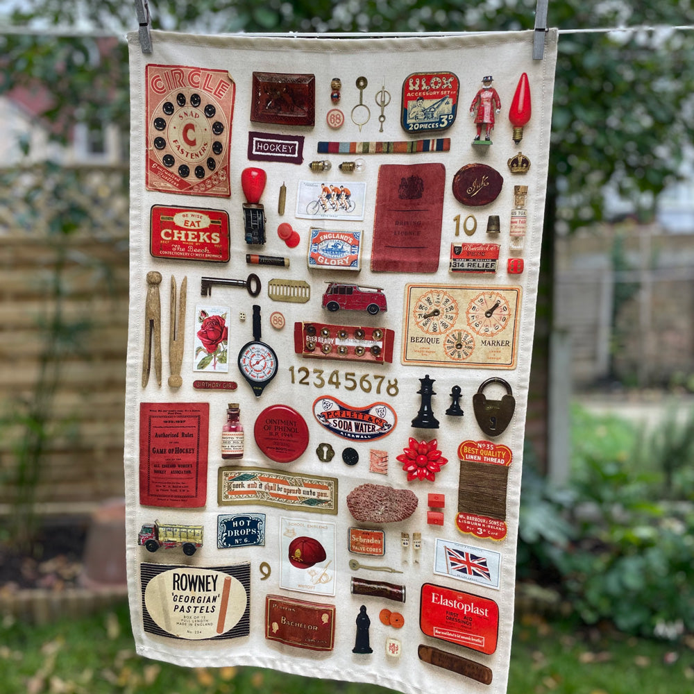 Red & Gold Vintage Keepsake Patterned Tea Towel in 100% Organic Cotton
