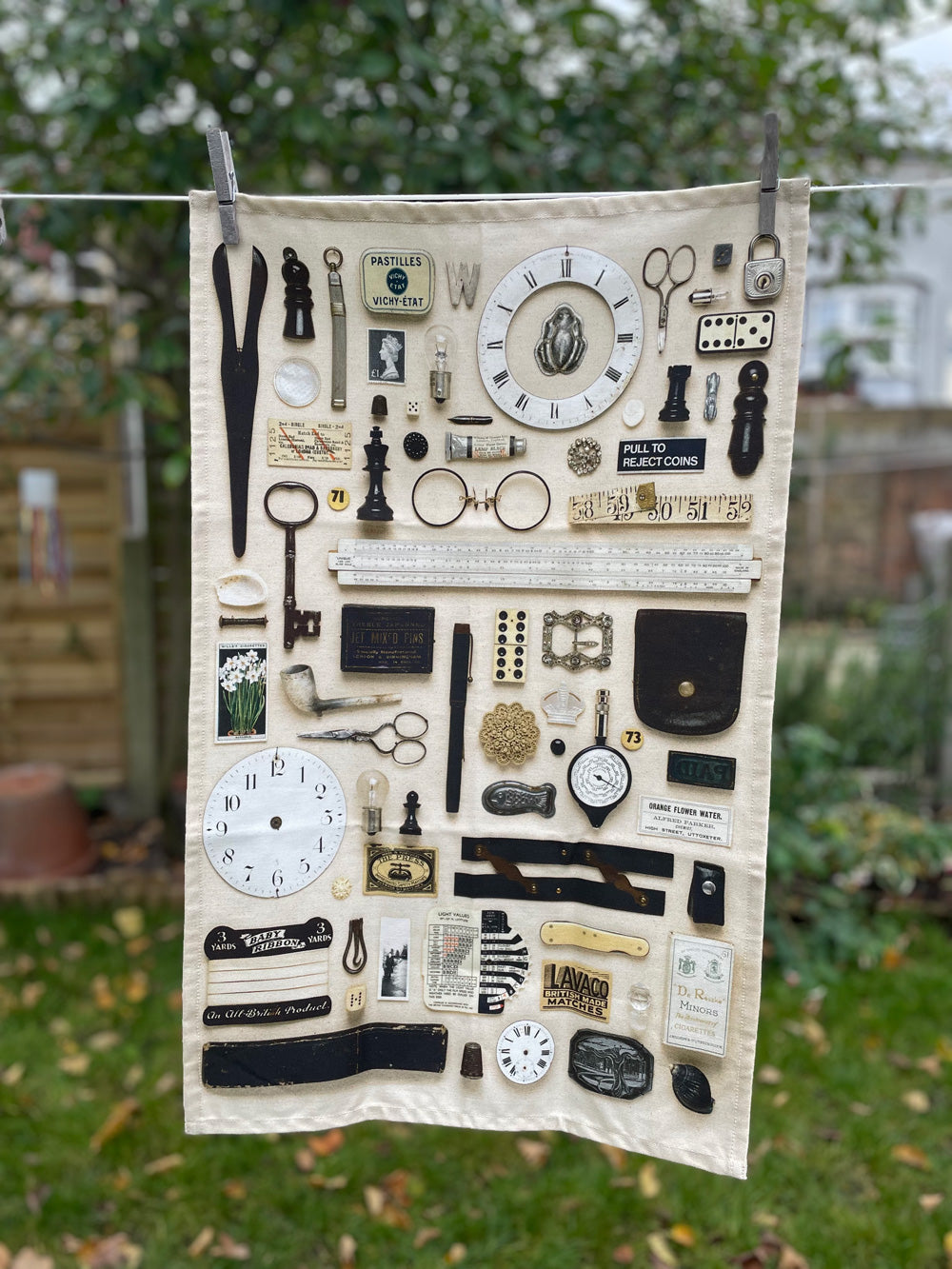 Black & White Vintage Keepsake Patterned Tea Towel in 100% Organic Cotton