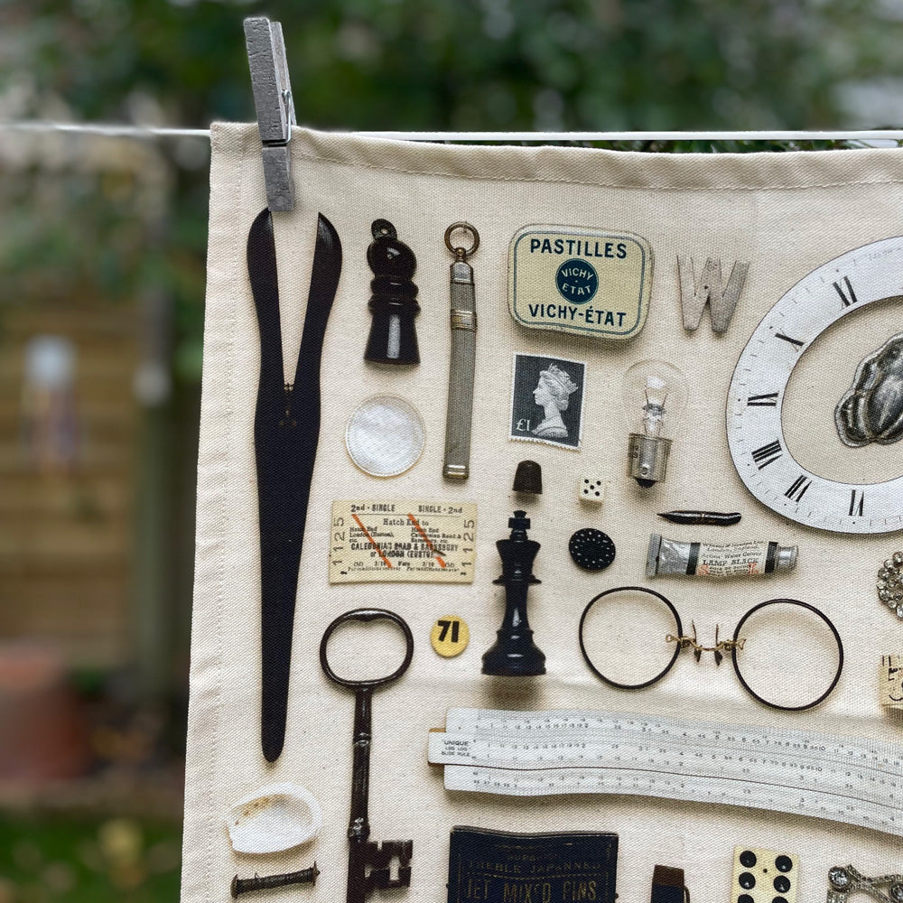 Black & White Vintage Keepsake Patterned Tea Towel in 100% Organic Cotton