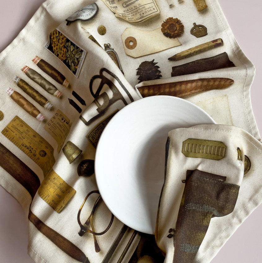Brown & Gold Vintage Keepsake Patterned Tea Towel in 100% Organic Cotton