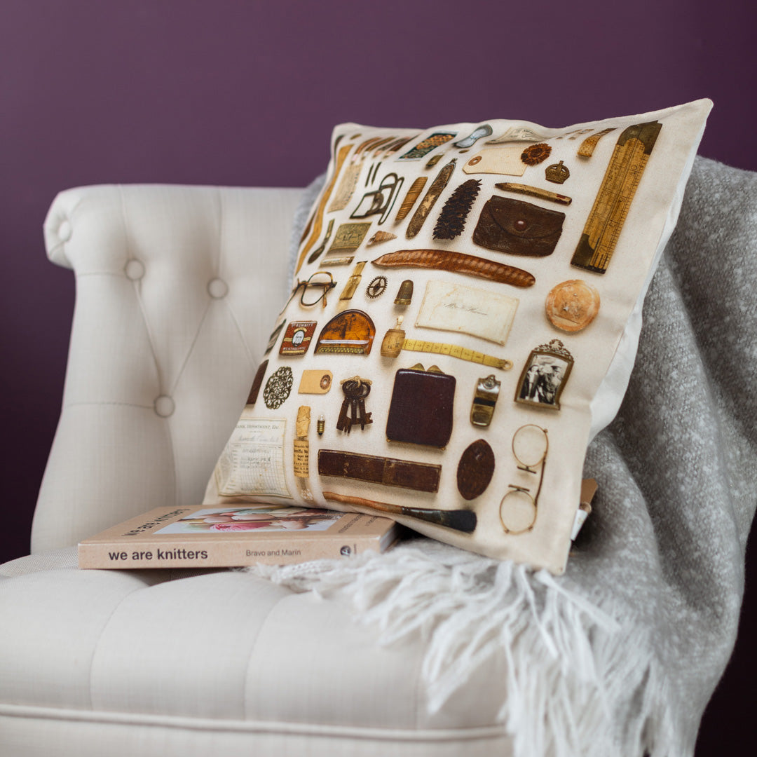 Brown & Gold Vintage Keepsake Patterned Cushion in 100% Organic Cotton