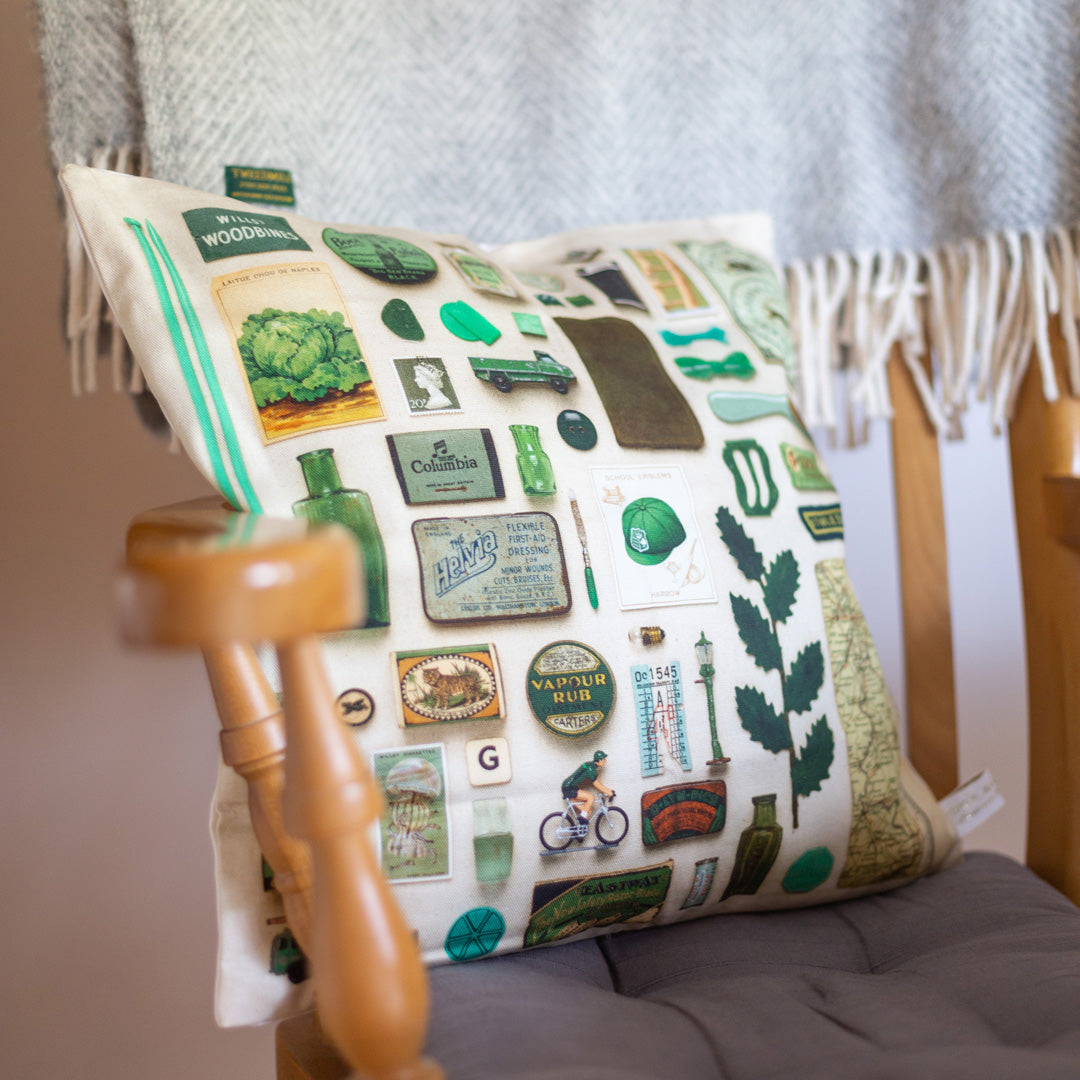 Green Vintage Keepsake Patterned Cushion in 100% Organic Cotton