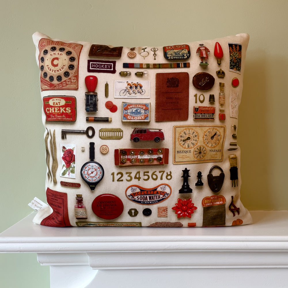 Red & Gold Vintage Keepsake Patterned Cushion in 100% Organic Cotton